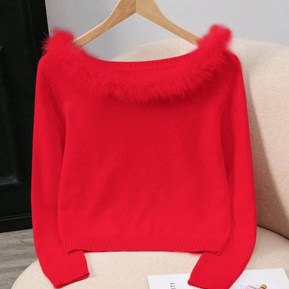 Red Women's Patchwork Fuzzy Trim Collar Fitted Long Sleeve Sweater - Picture 6 of 8